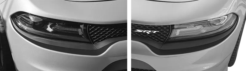 2015-2023 Charger SRT Hellcat / SRT 392 / R/T Scat Pack Headlamp Fascia Blackout Decals on vehicle image.